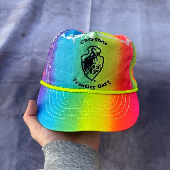 Vintage 90's Cheyenne Frontier Days Rainbow Neon Adjustable Strapback Hat Cap - Picture 1 of 6